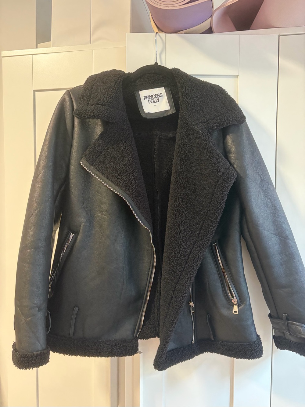 Princess Polly Black Faux Sherpa Moto Jacket